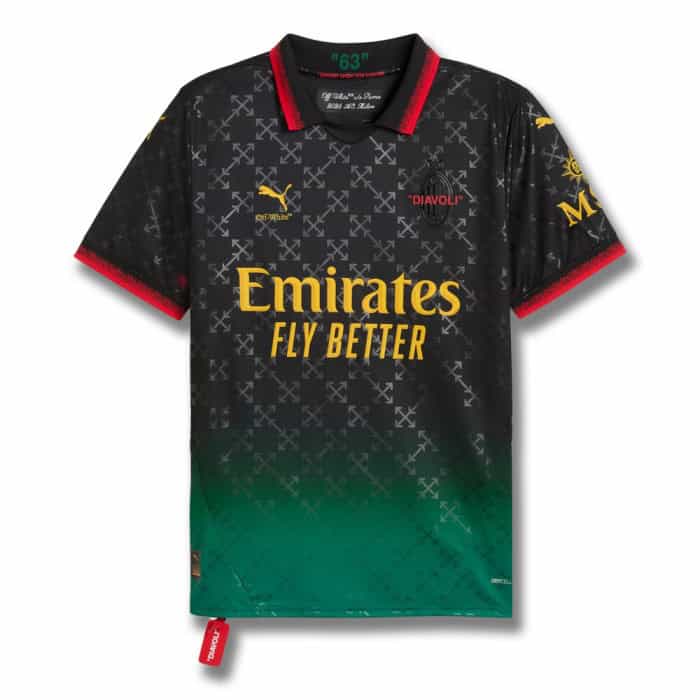 The AC Milan x OFF White Black Jersey 24/25 - Fan Edition features a black and green geometric design with red accents, Puma and Emirates logos, DIAVOLI in red on the chest, and gold star and moon details on the left sleeve.