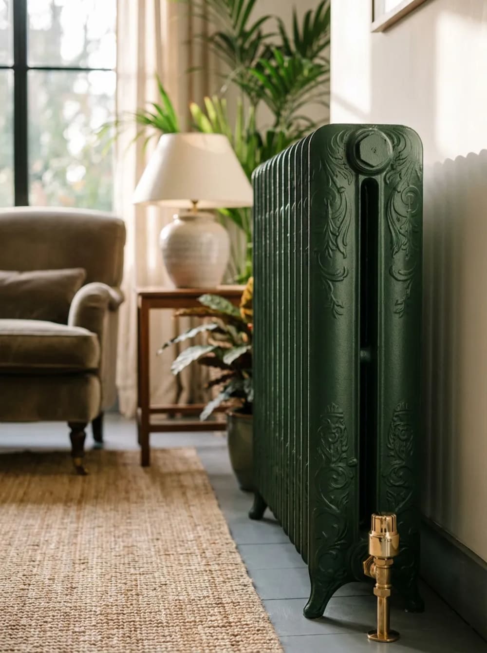 Radiateur en fonte fleuri à reliefs, rénové par REMANENCE