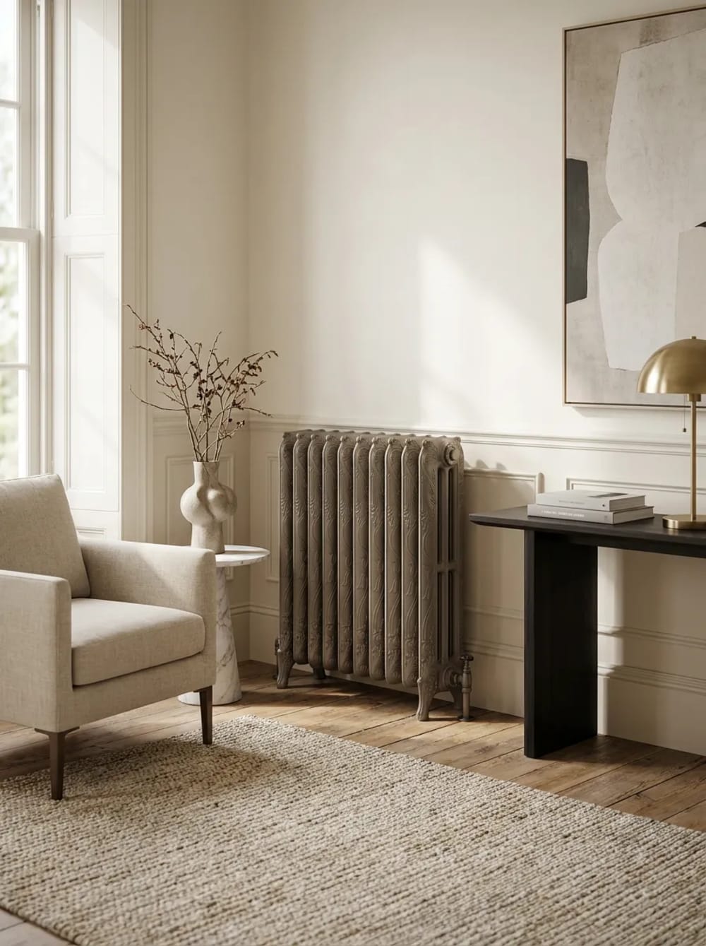 Radiateur en fonte fleuri à reliefs, rénové par REMANENCE