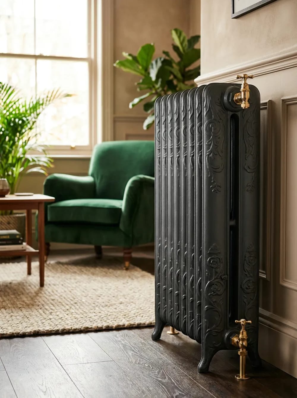 Radiateur en fonte fleuri à reliefs, rénové par REMANENCE