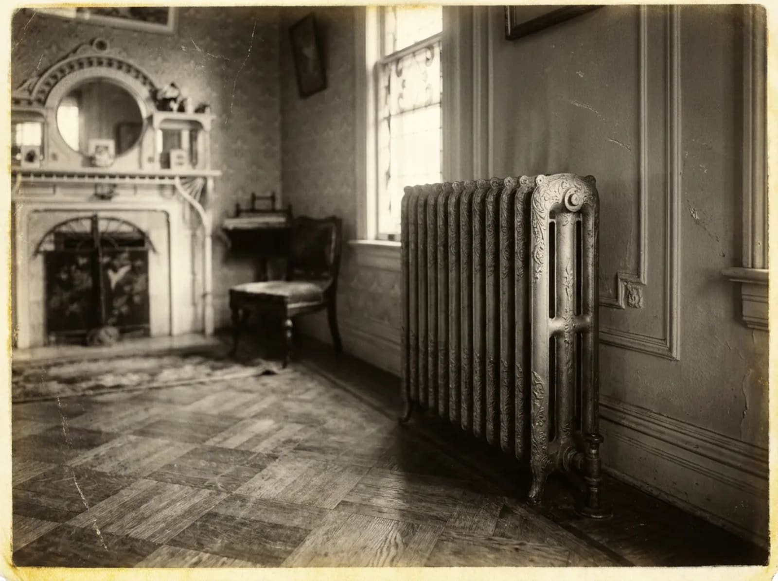 Salon ornementé du début du XXe siècle, lustre et cheminée