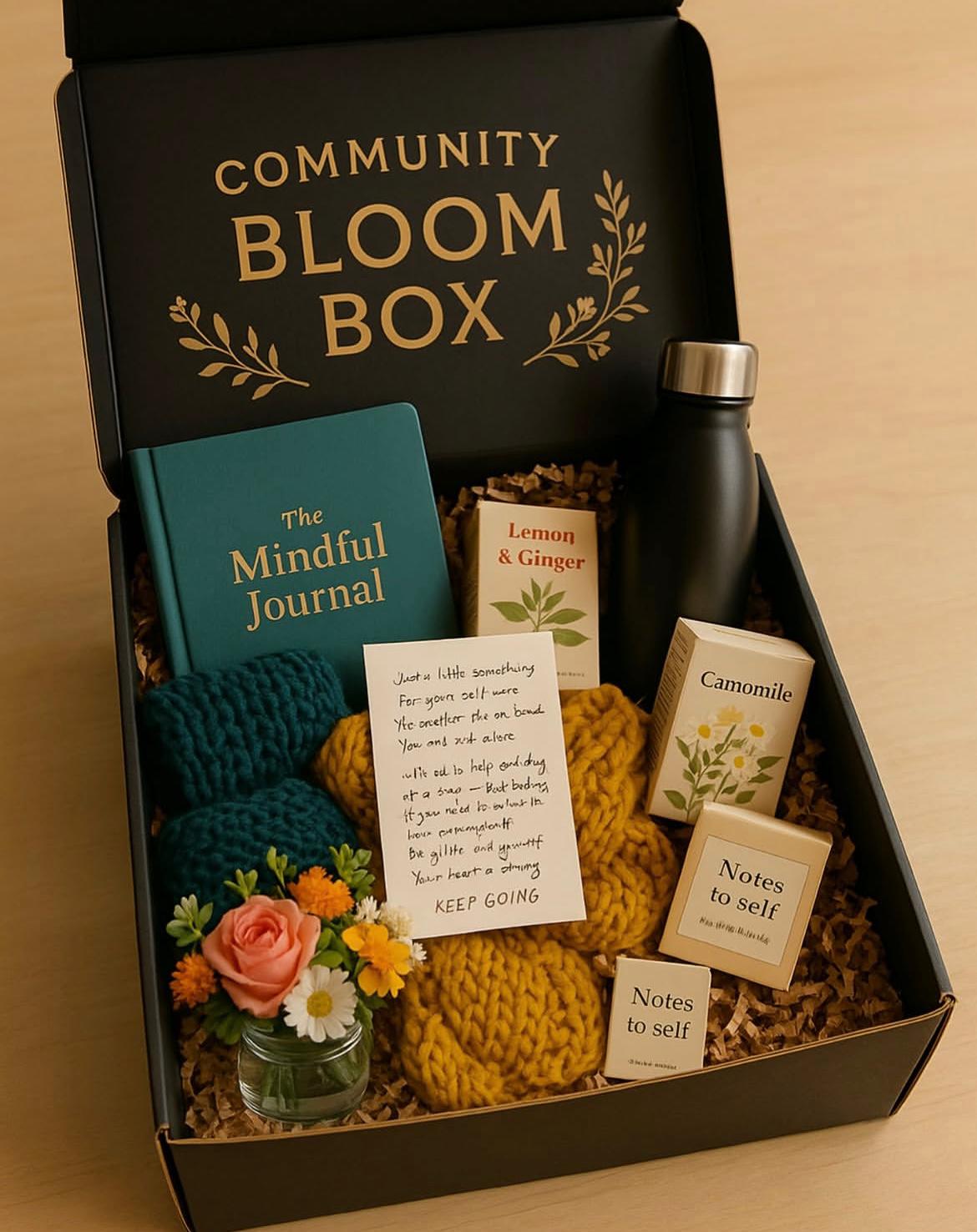 Community Bloom Box contents showing mindful journal, teas, water bottle, and encouraging notes