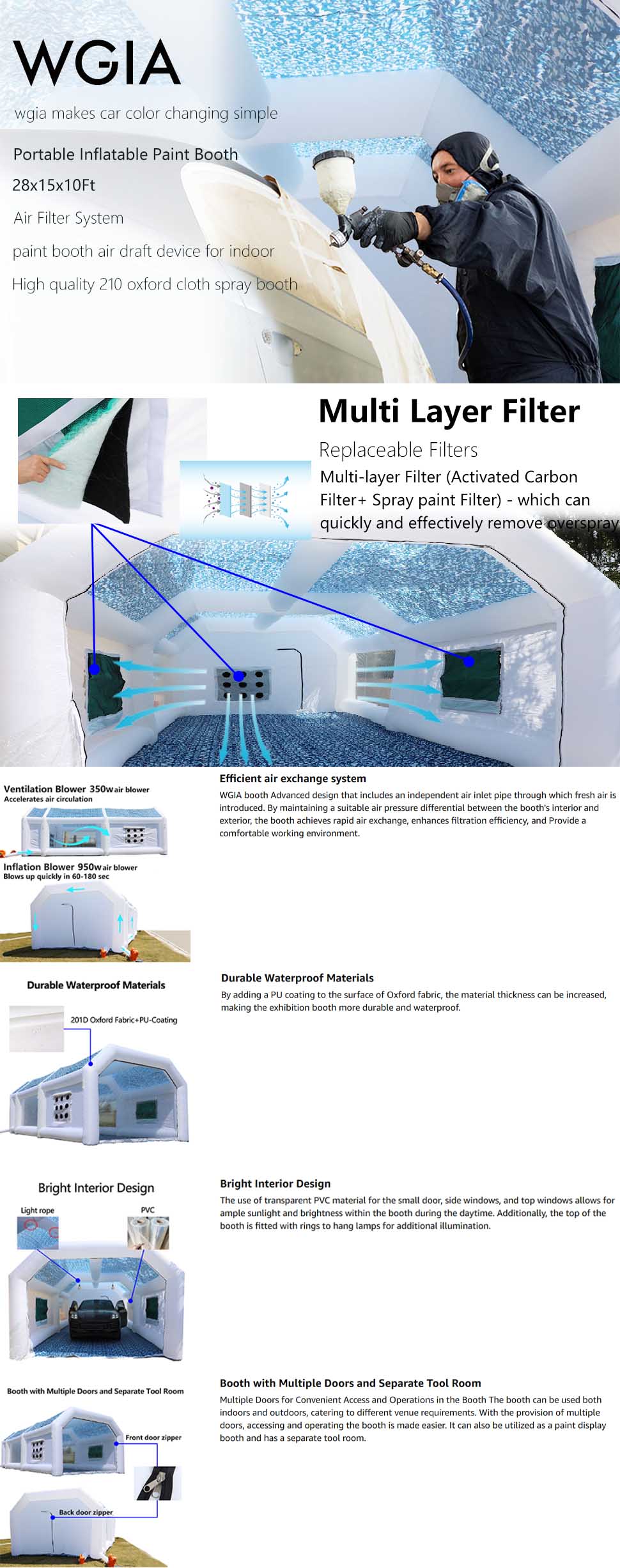 BENTISM Inflatable Paint Booth 13x10x9ft Inflatable Spray Booth Car Paint  Tent with 950W Filter System Blower 