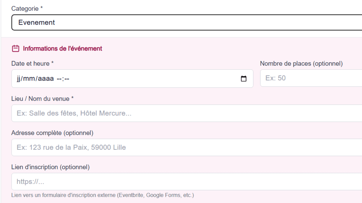 Formulaire de création d'événement