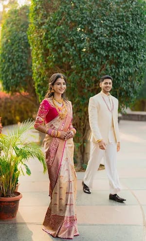 Black and white candid engagement moment of bride in Hubli Dharwad