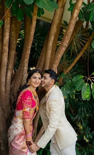 Couple posing together during engagement photoshoot in Hubli