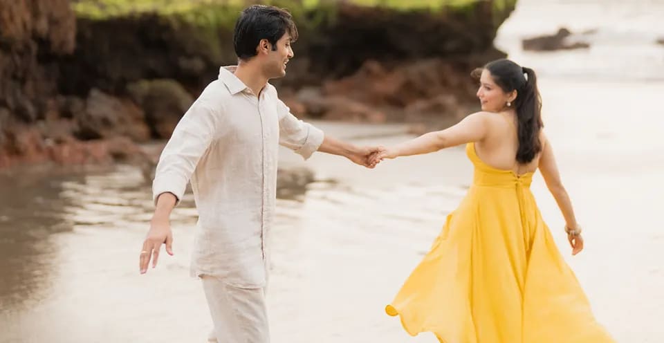 Romantic pre wedding beach photoshoot in Hubli Dharwad capturing bride and groom moments