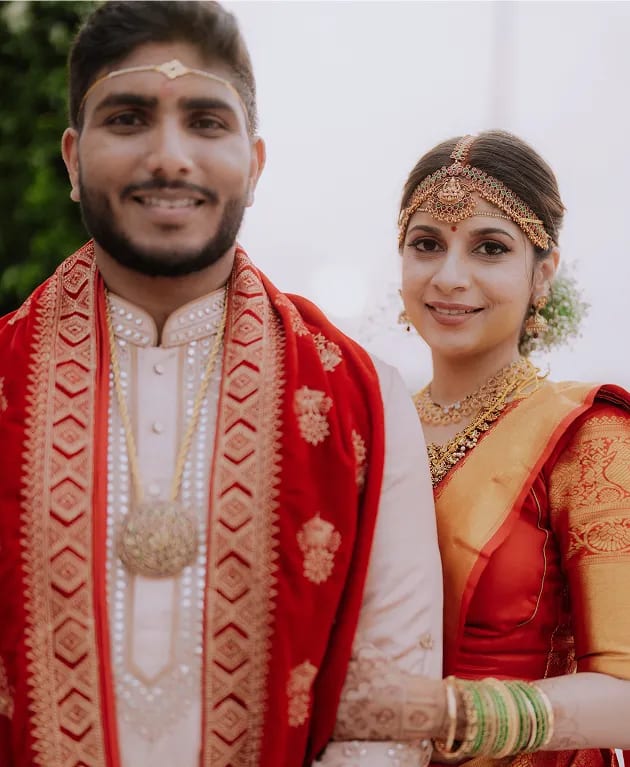 Elegant bridal portrait in traditional red lehenga