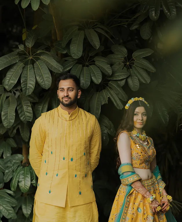Bride and groom during outdoor haldi ceremony photoshoot