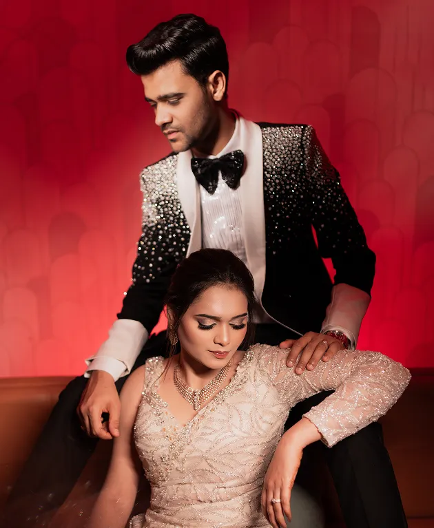 Editorial style cocktail party photoshoot of bride and groom