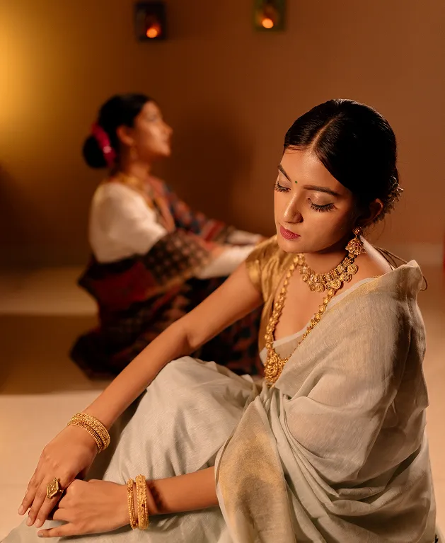 Model wearing traditional saree during fashion portrait shoot