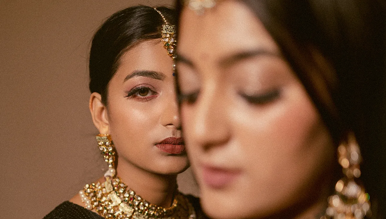 Closeup bridal fashion portrait highlighting traditional jewelry