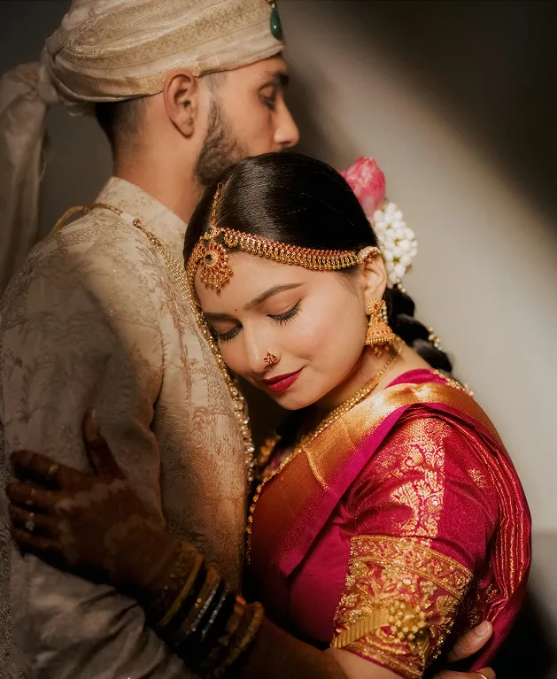 Elegant bridal portrait in traditional red lehenga