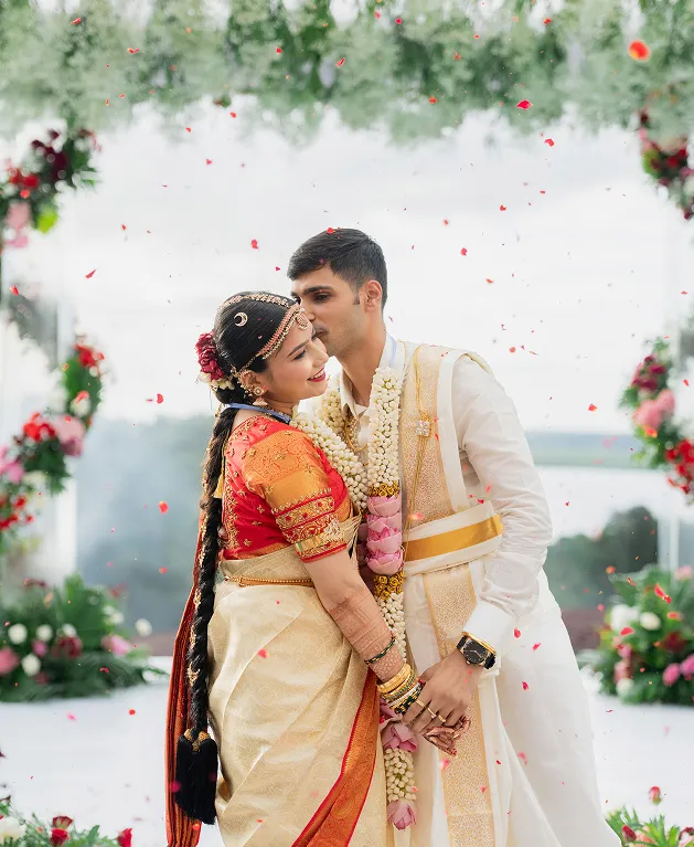 Elegant bridal portrait in traditional red lehenga