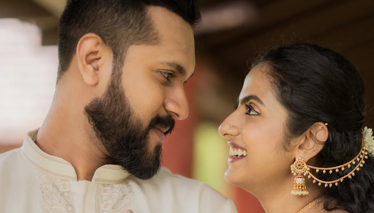 Candid closeup of bride smiling during pre wedding shoot