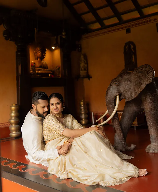 Traditional outfit couple portrait during pre wedding shoot