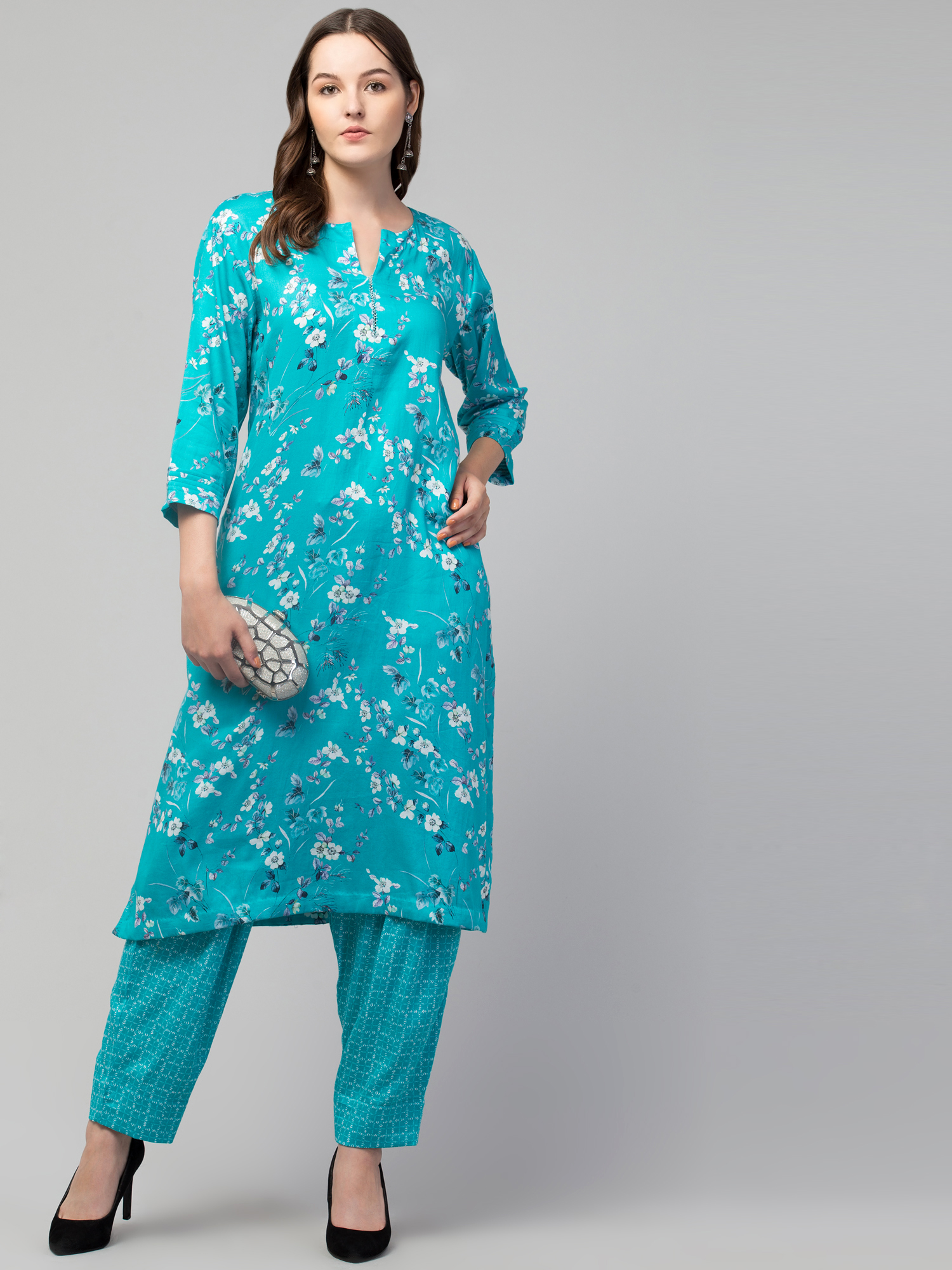 Kurta with pant Teal floral printed rayon regular