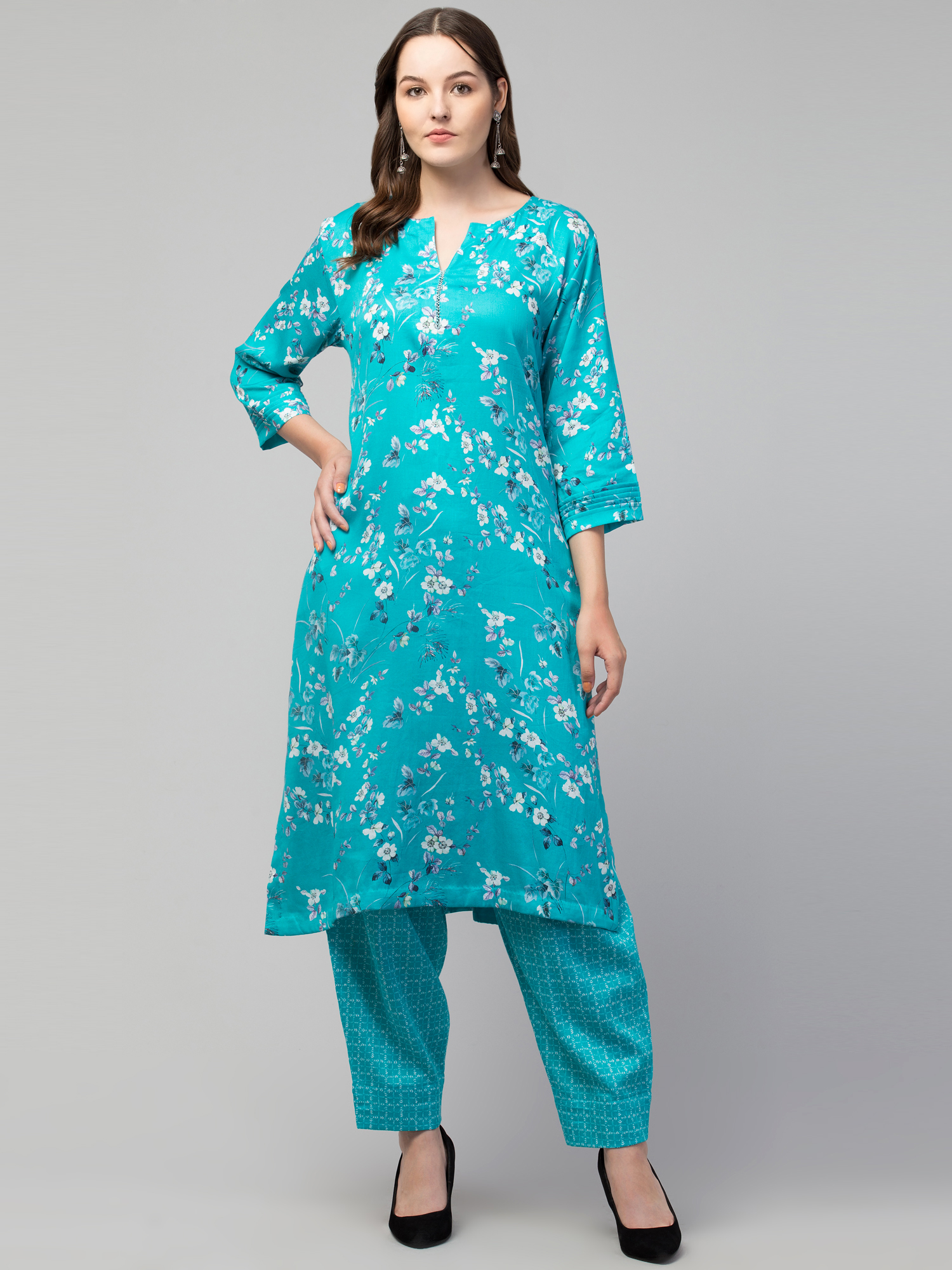 Kurta with pant Teal floral printed rayon regular