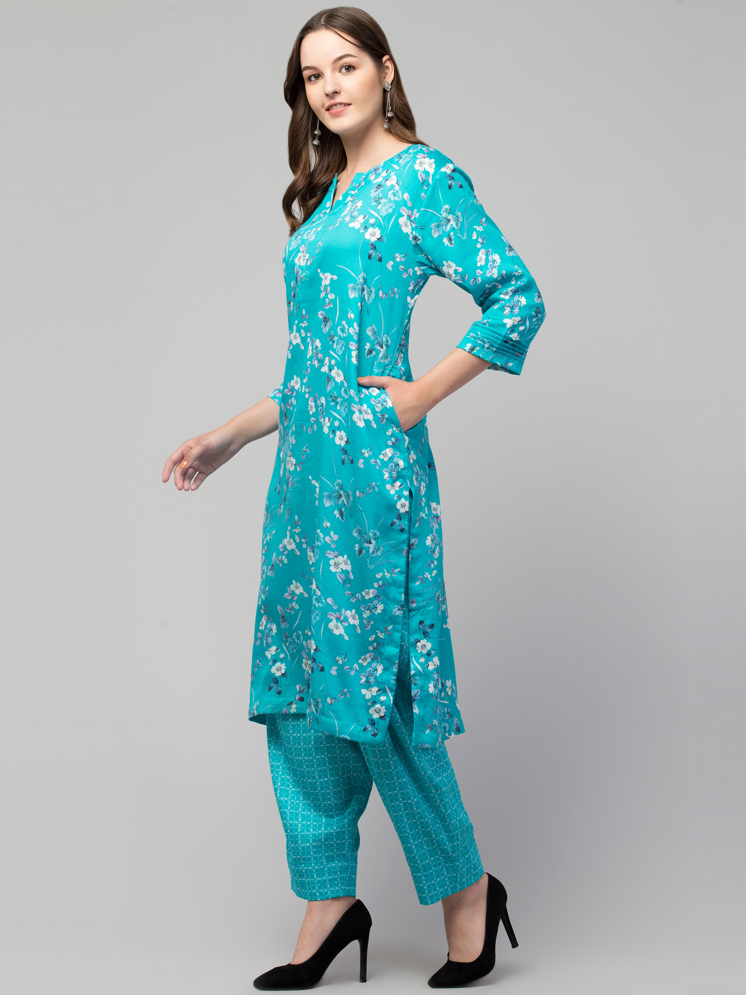 Kurta with pant Teal floral printed rayon regular