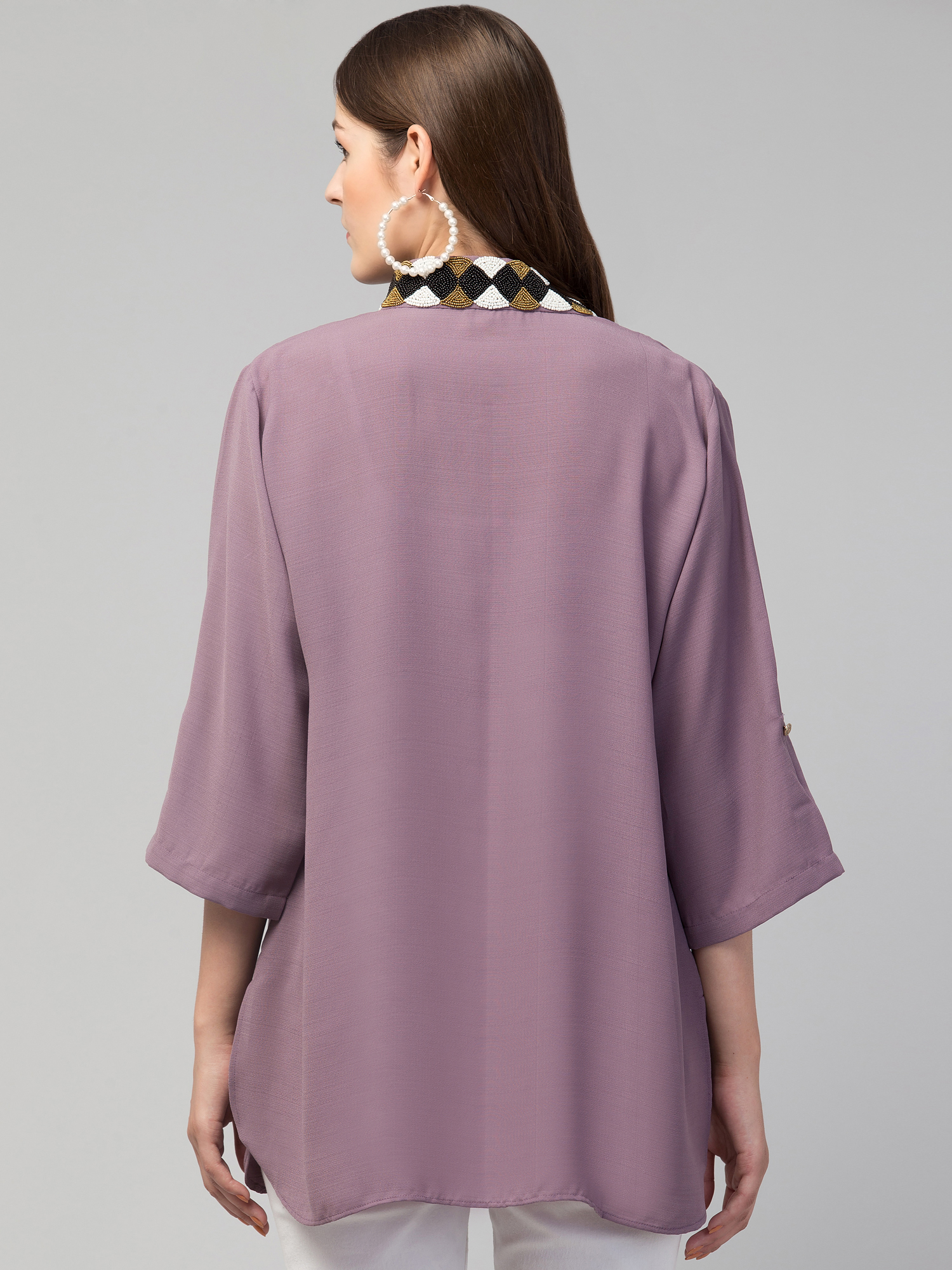 Top purple mandarin band beaded collar straight tunic