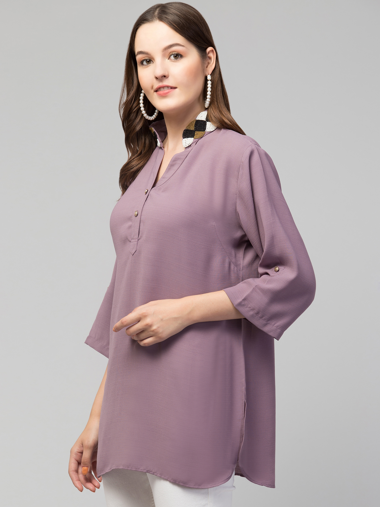 Top purple mandarin band beaded collar straight tunic