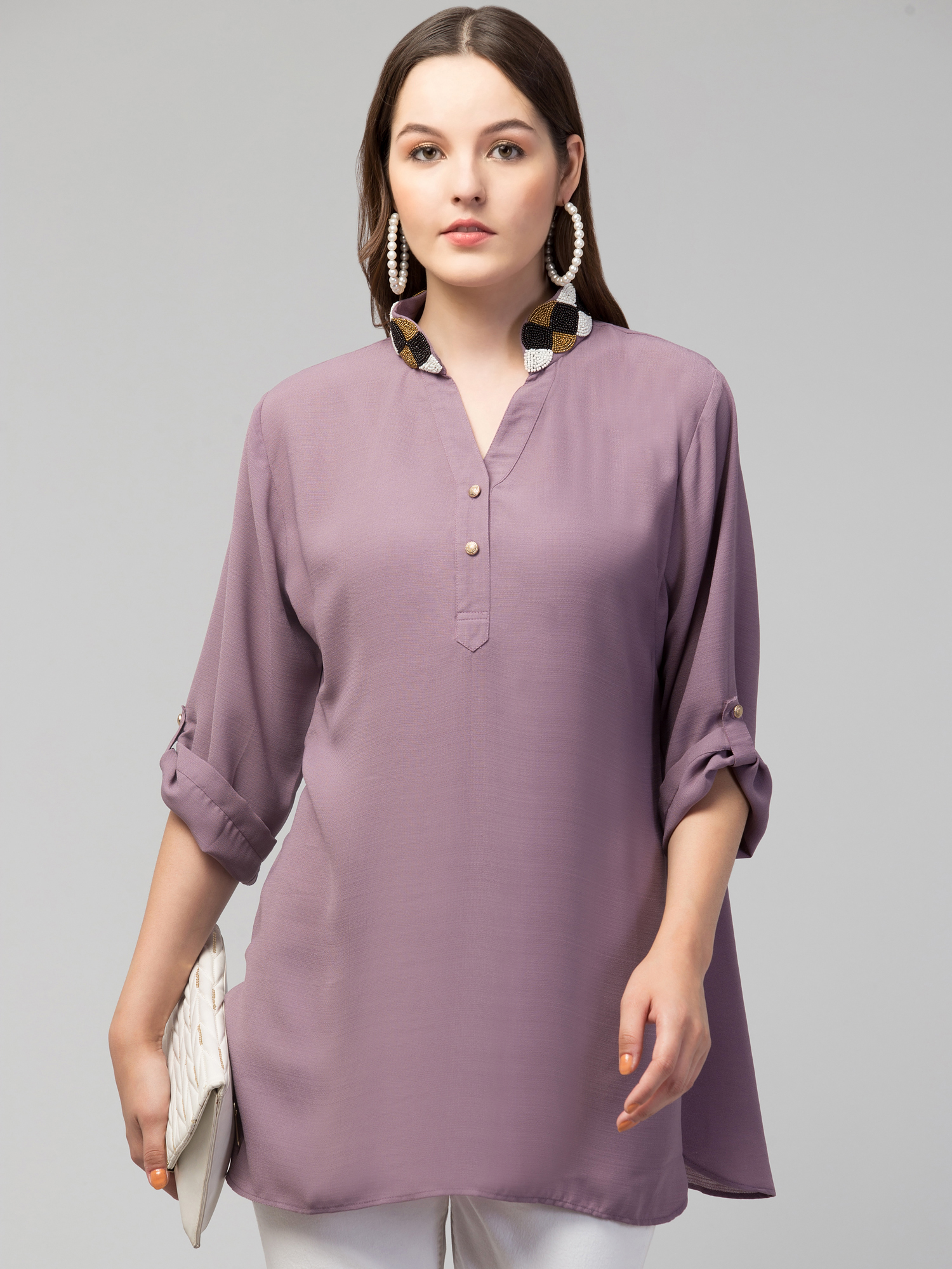 Top purple mandarin band beaded collar straight tunic