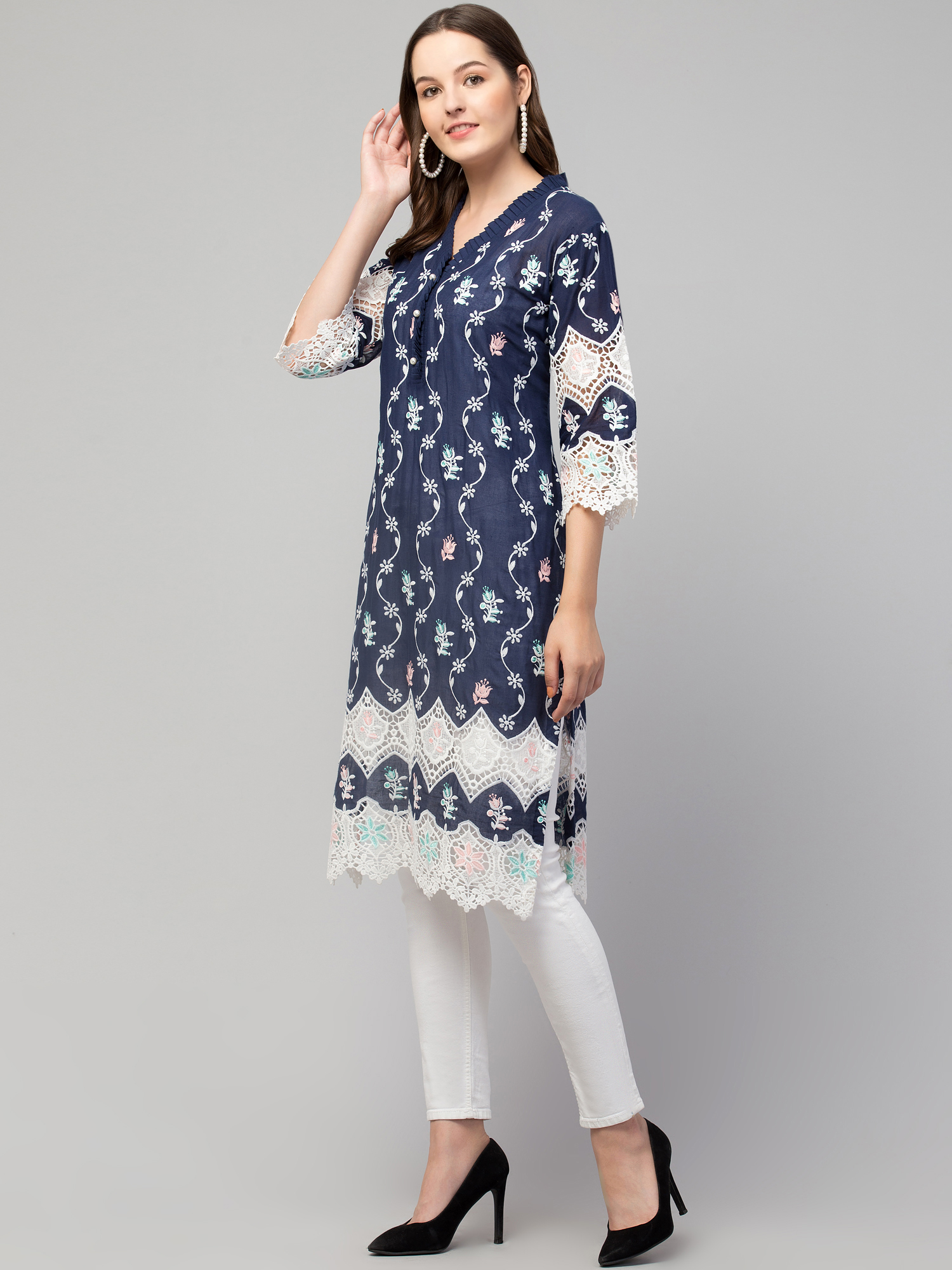 cotton  kurta  embroidered cutwork lace embroidery