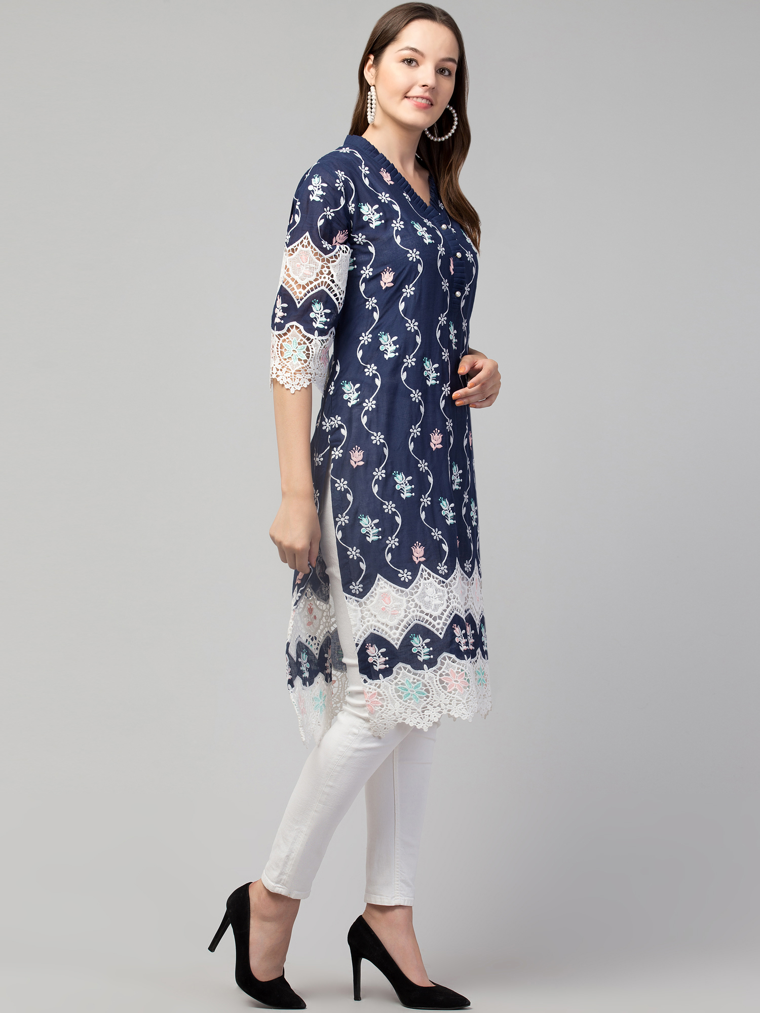 cotton  kurta  embroidered cutwork lace embroidery