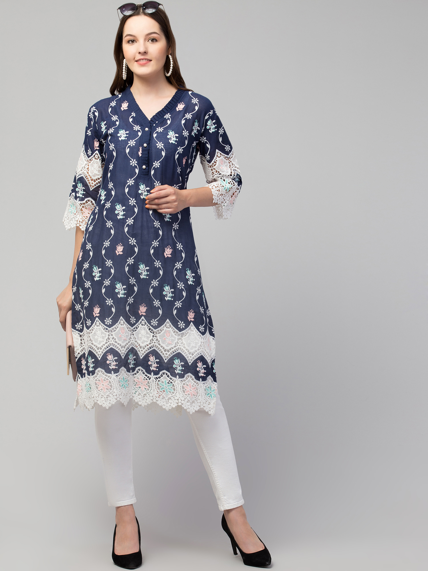 cotton  kurta  embroidered cutwork lace embroidery