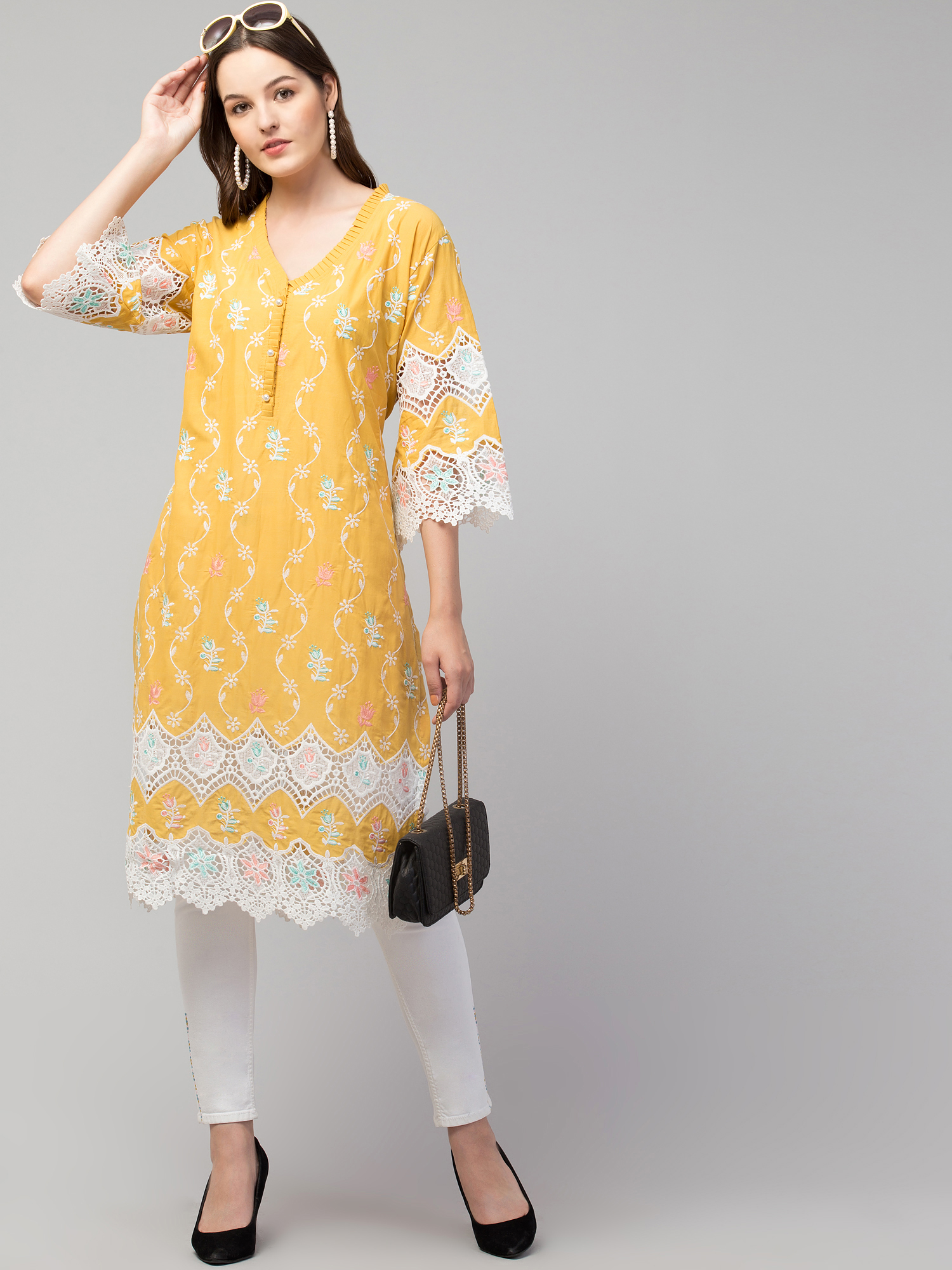 cotton  kurta  embroidered cutwork lace embroidery