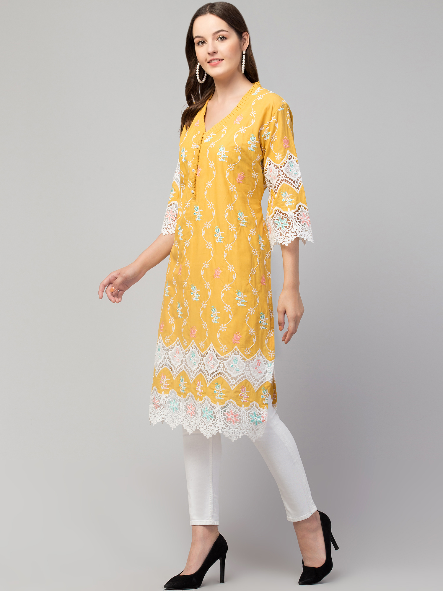 cotton  kurta  embroidered cutwork lace embroidery