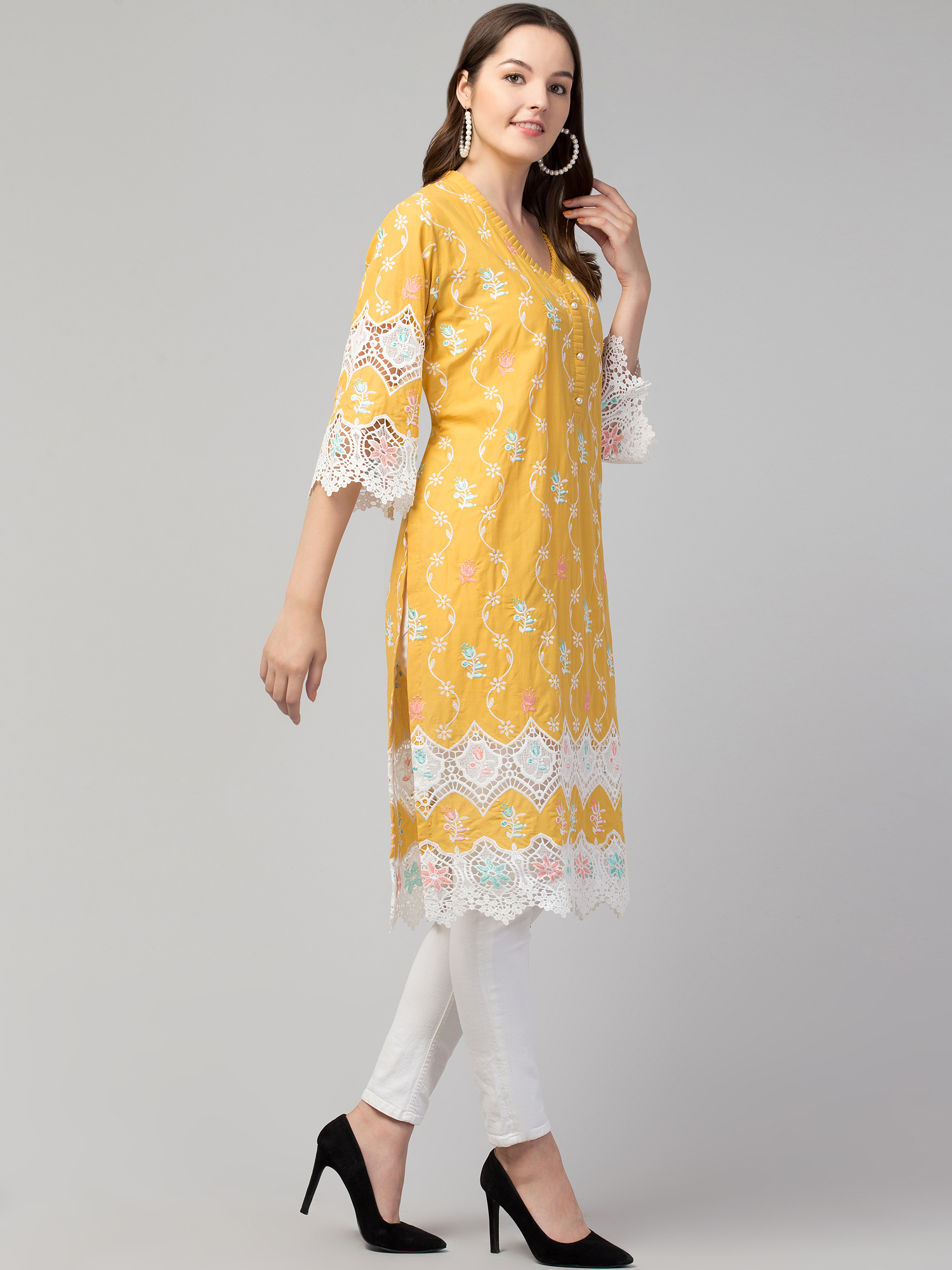 cotton  kurta  embroidered cutwork lace embroidery