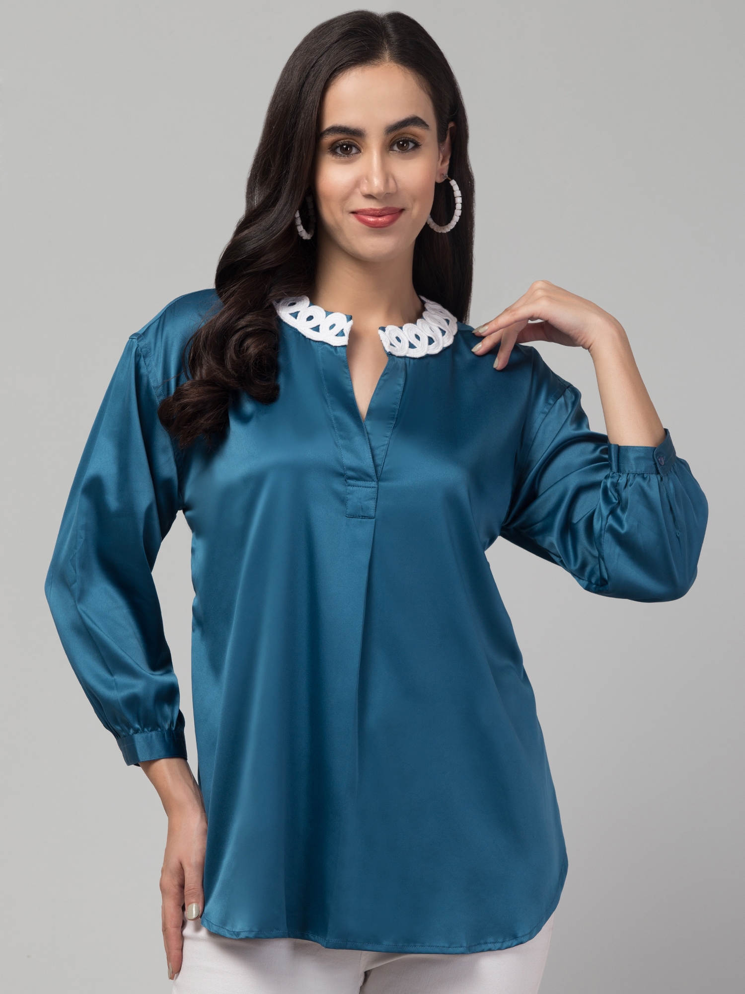 cut work collar satin blend top