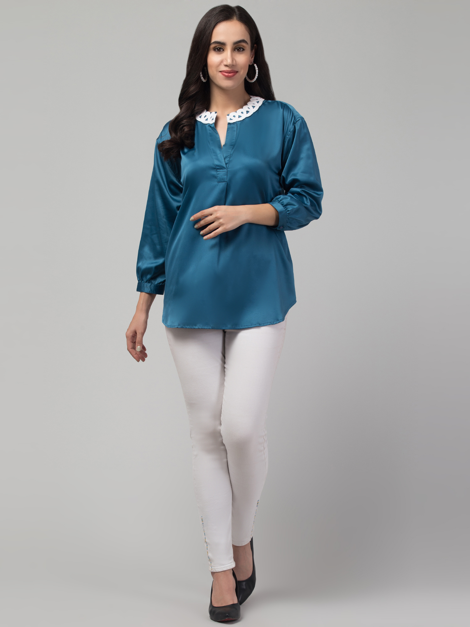cut work collar satin blend top