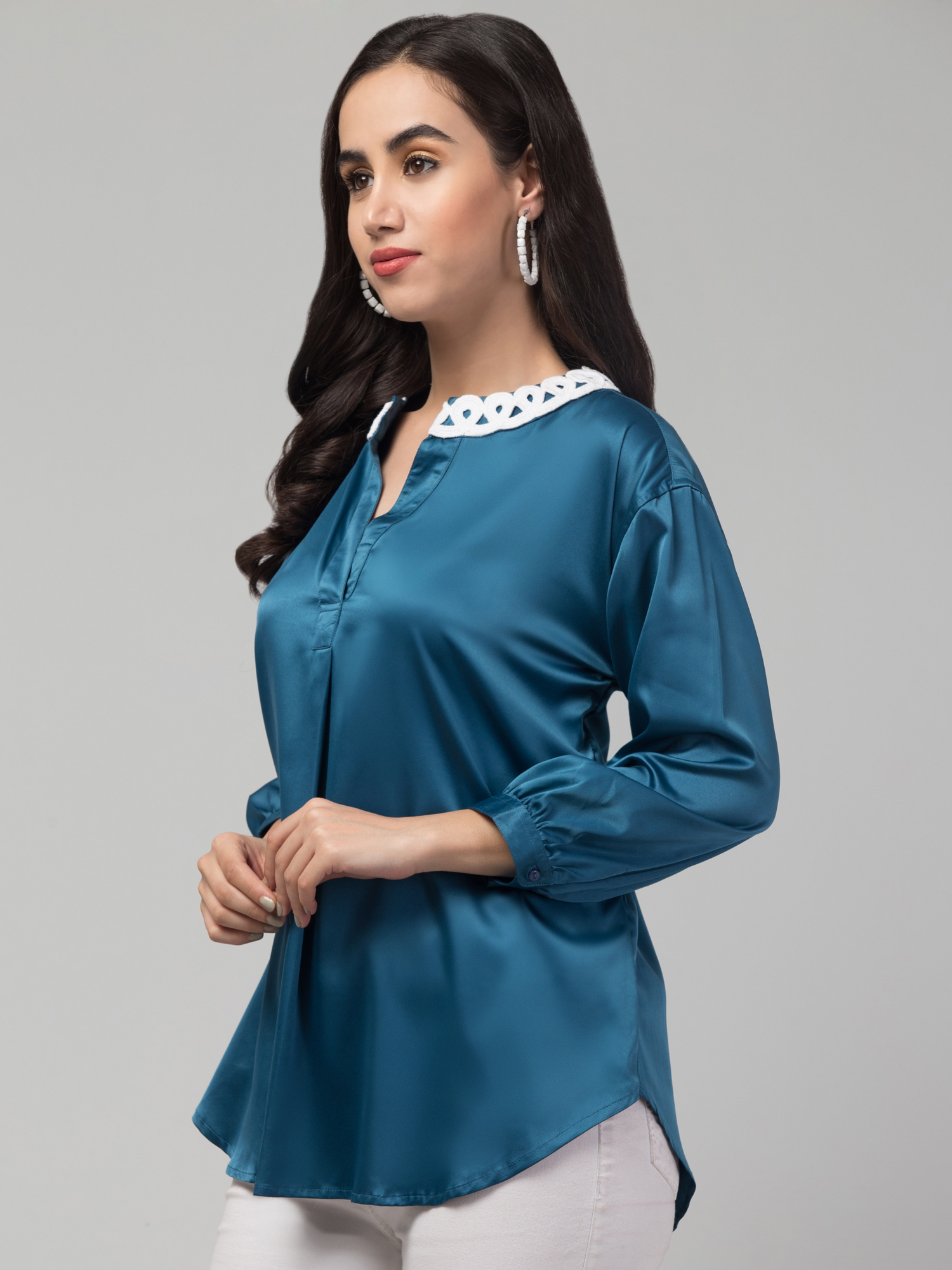 cut work collar satin blend top