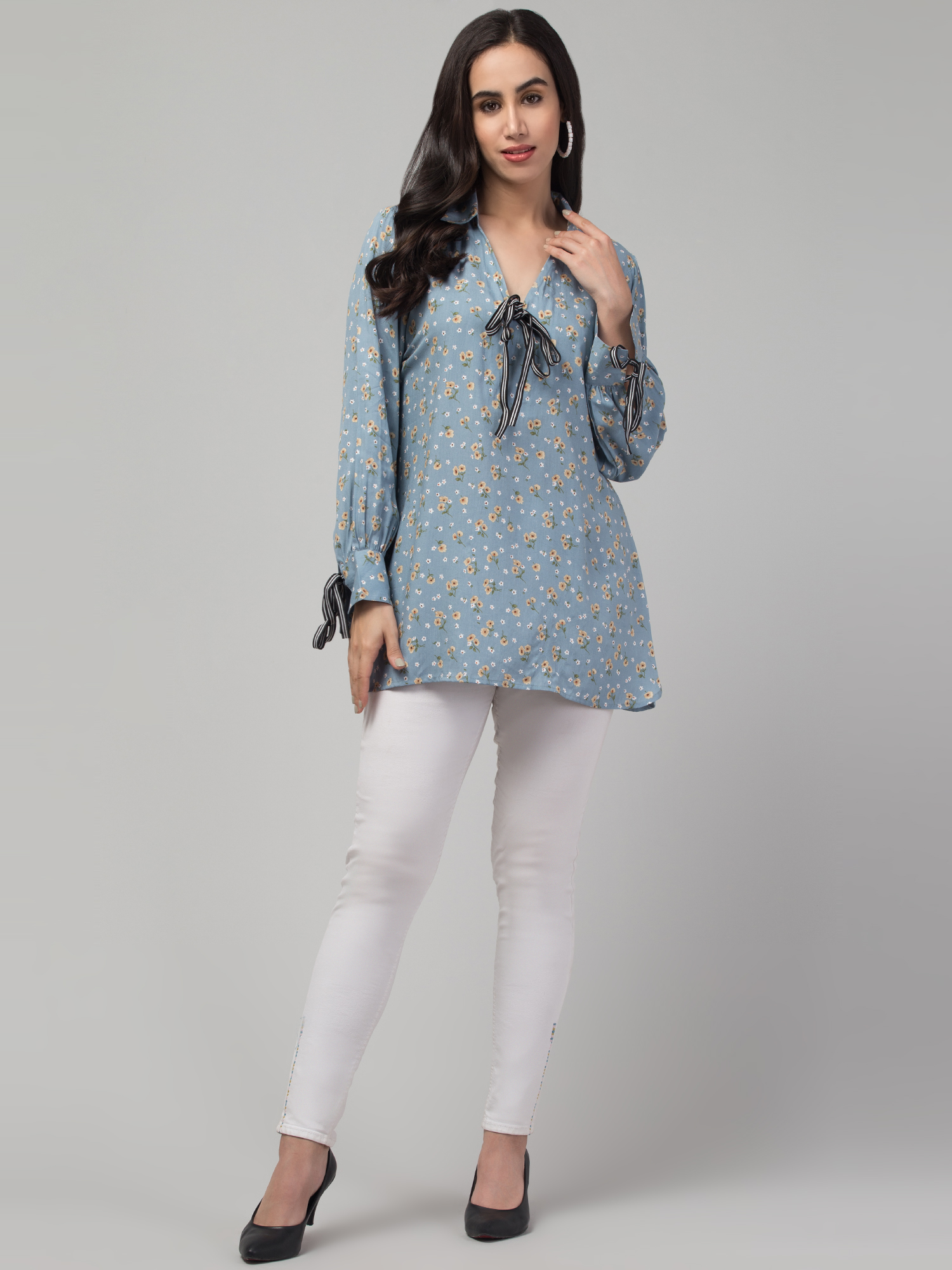floral print top with striped ribbon tie