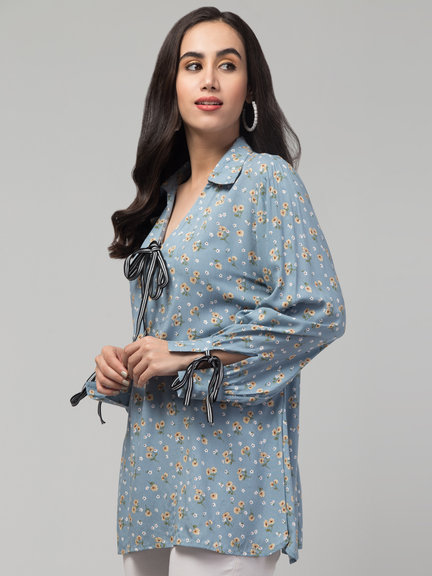 floral print top with striped ribbon tie