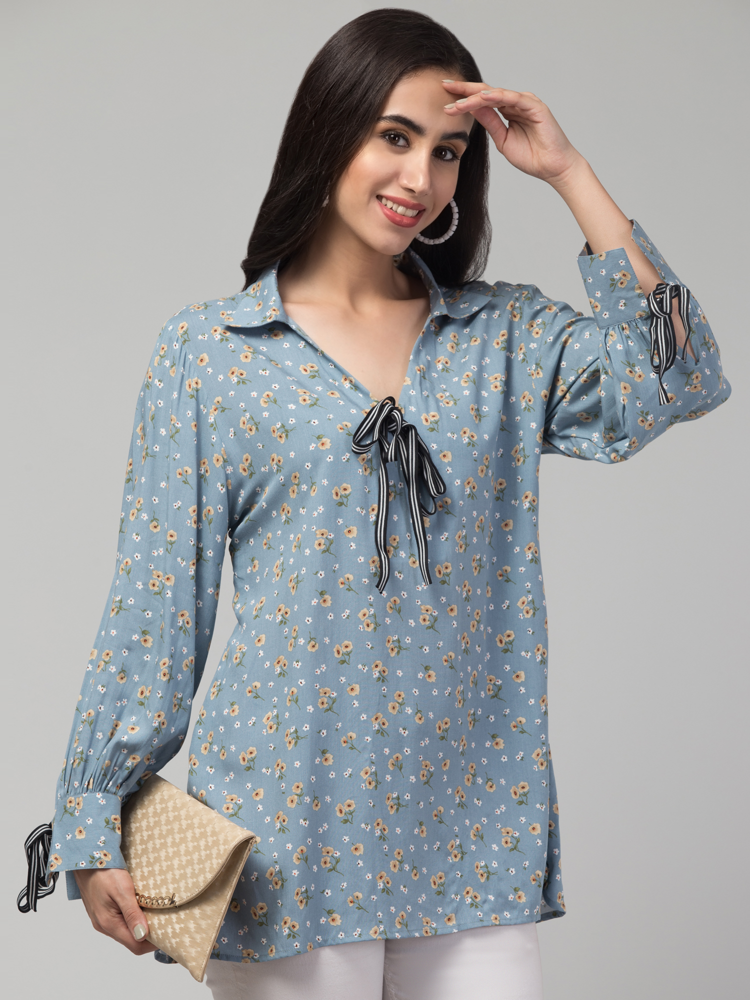 floral print top with striped ribbon tie