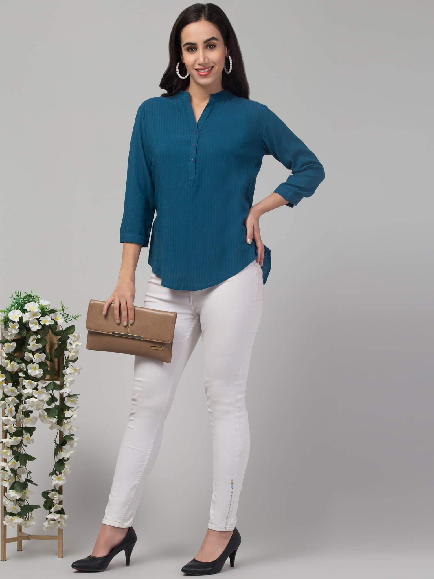 Teal Mandarin Collar Top