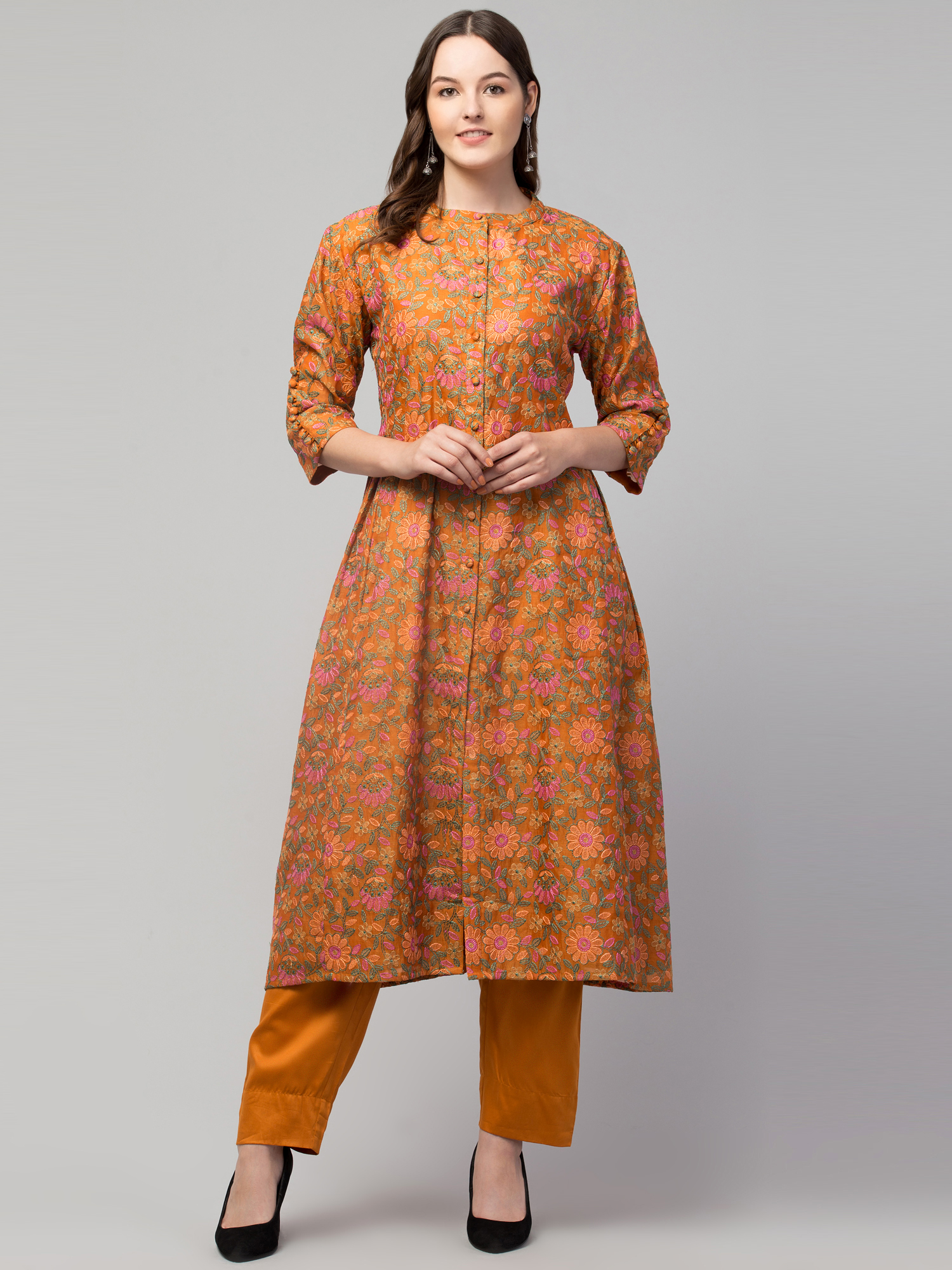 Kurta  embroidered floral print with solid pant