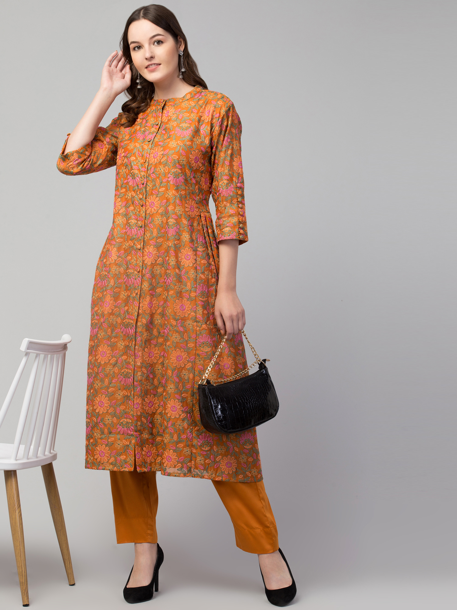 Kurta  embroidered floral print with solid pant