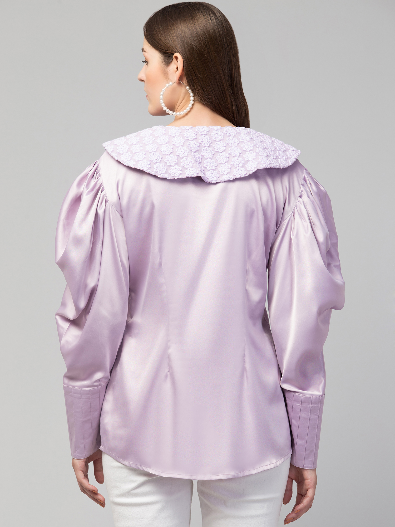 Lilac satin blouse with bertha collar