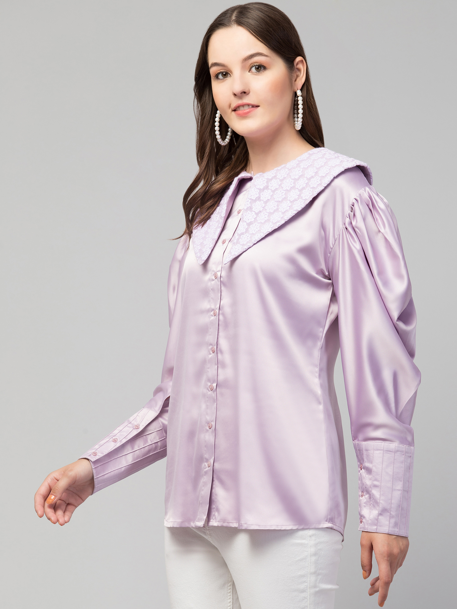 Lilac satin blouse with bertha collar