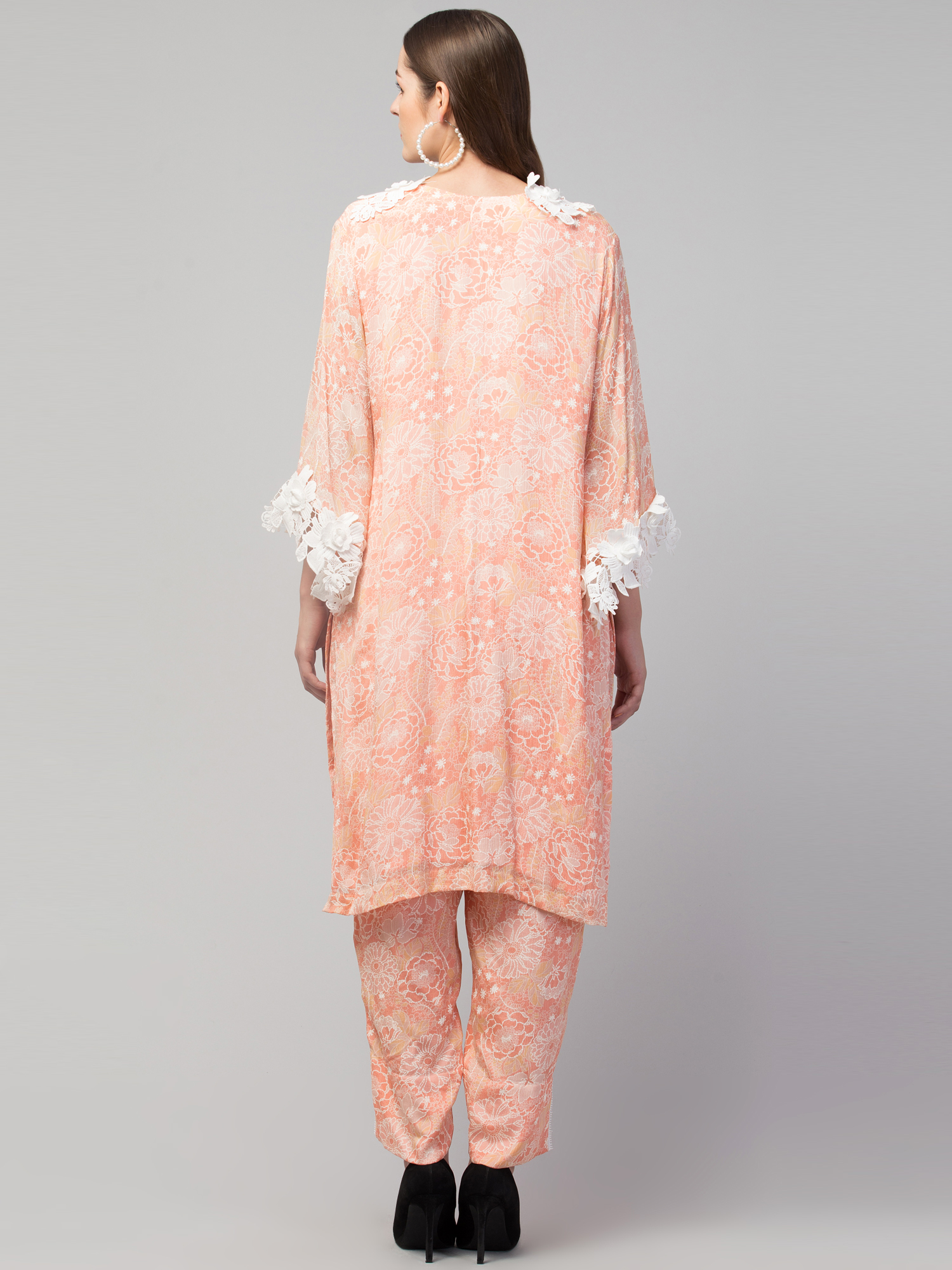 Peach georgette straight kurta with heavy white lace detailing