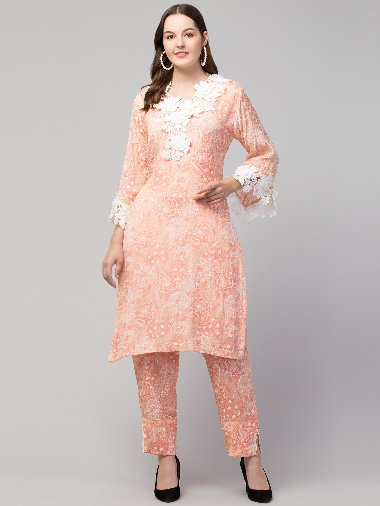 Peach georgette straight kurta with heavy white lace detailing