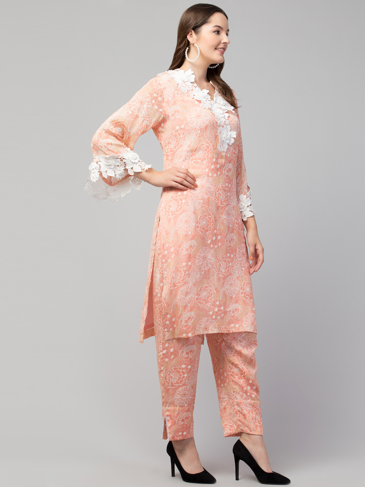 Peach georgette straight kurta with heavy white lace detailing