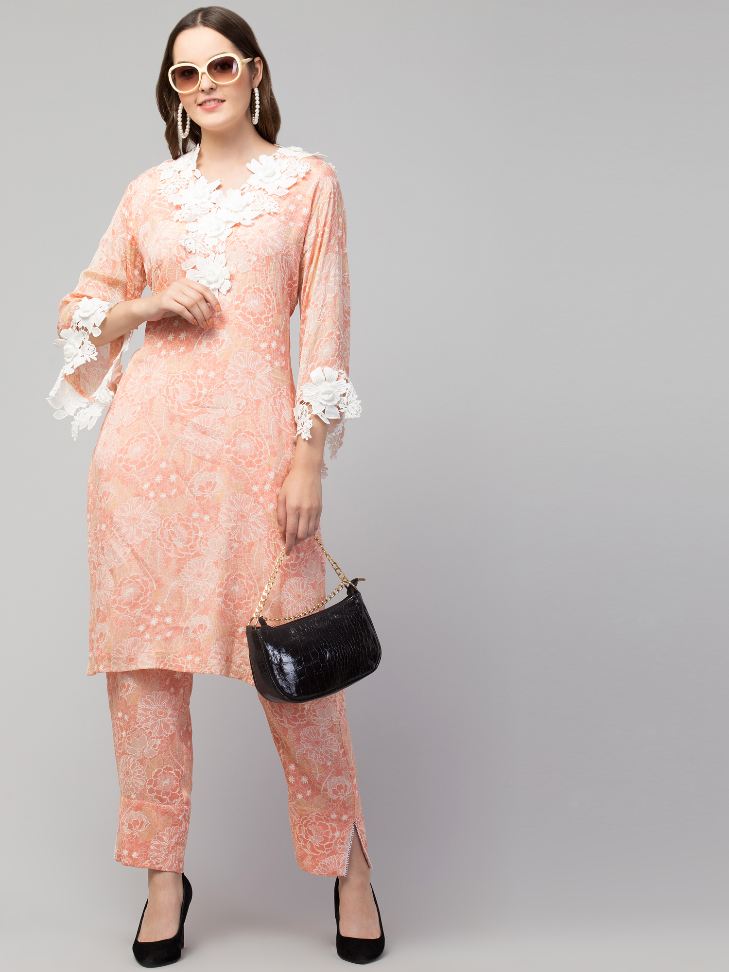 Peach georgette straight kurta with heavy white lace detailing
