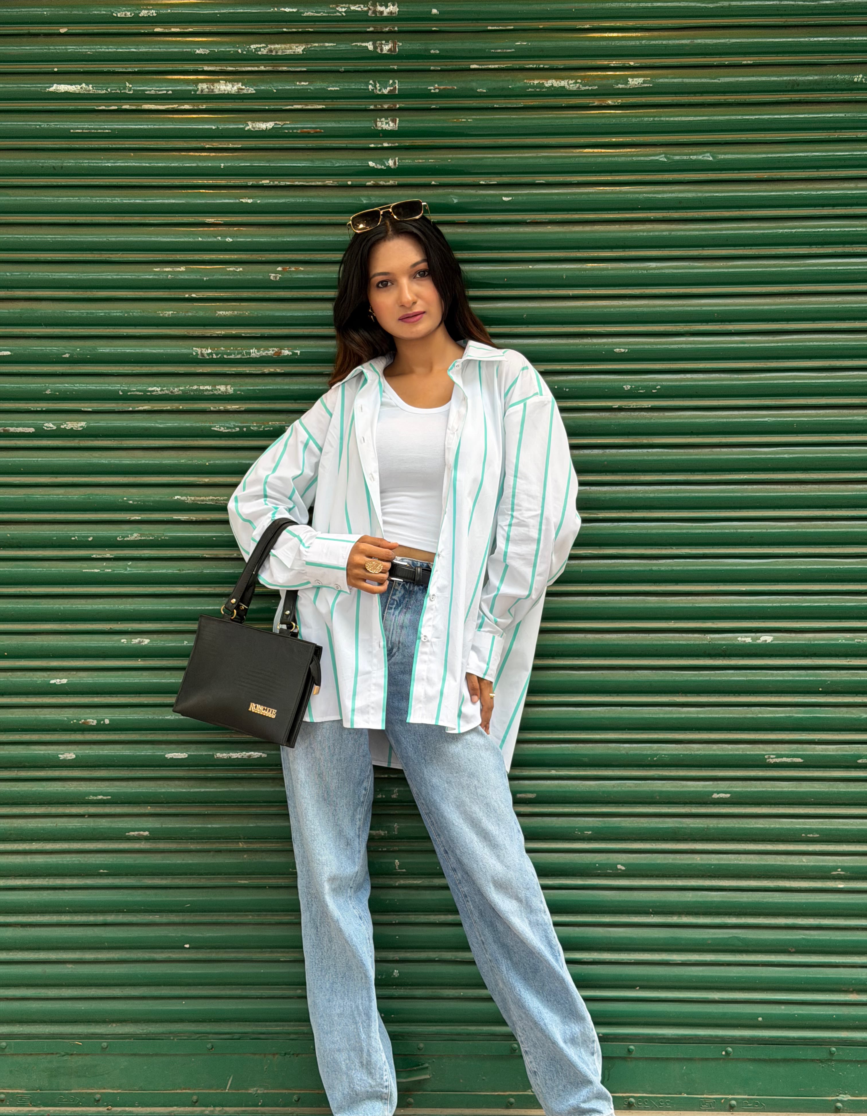 White Mint Green Striped Shirt