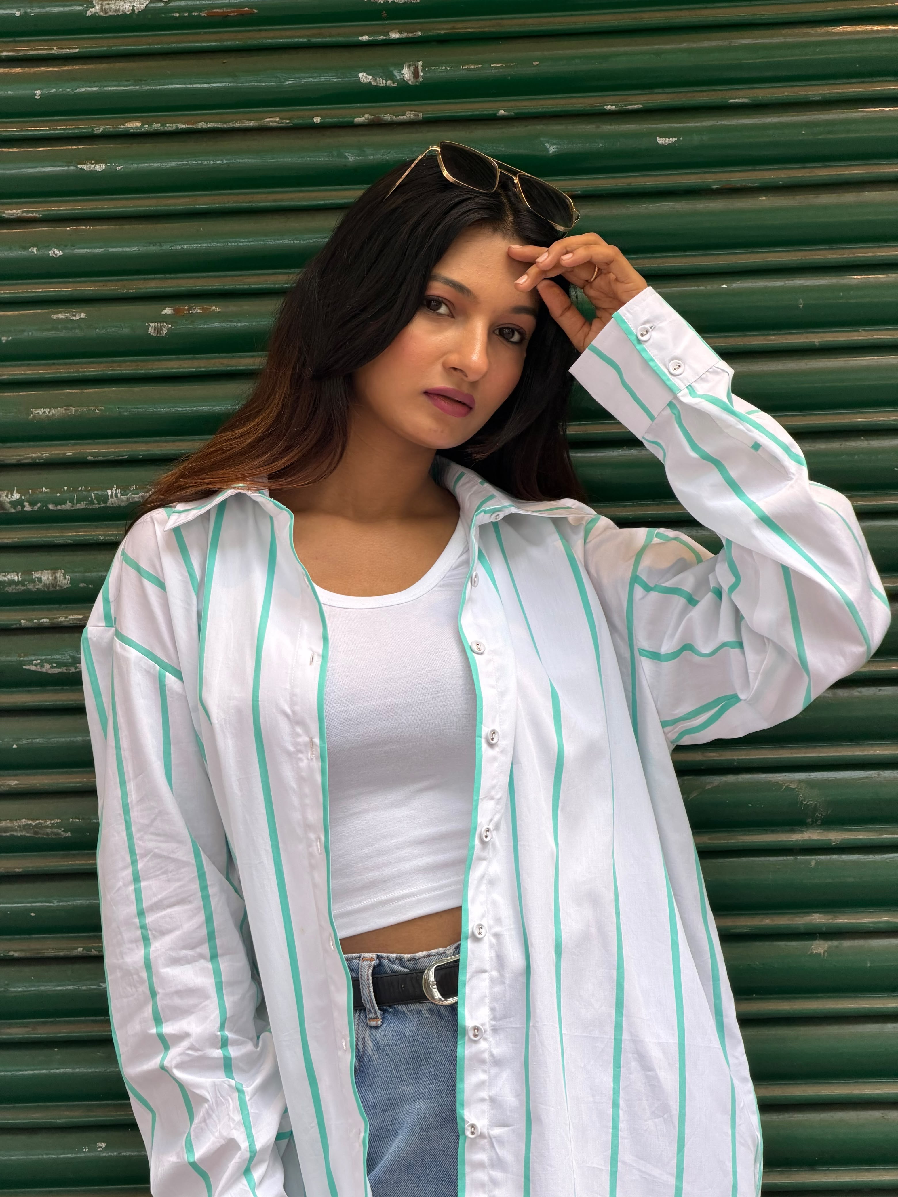 White Mint Green Striped Shirt
