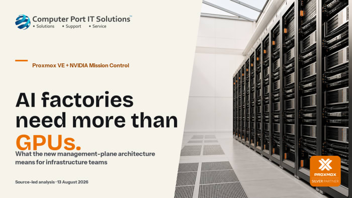 Bright AI data centre racks beside a headline explaining the Proxmox VE virtualization layer under NVIDIA Mission Control.